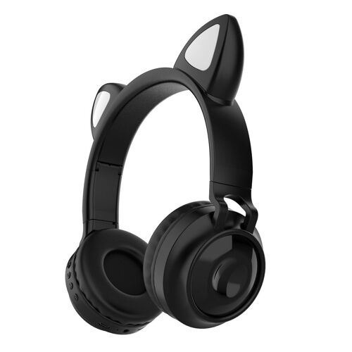 Casque d'écoute sans fil Bluetooth Cat Ear Casque de sport stéréo pliable sur l'oreille avec micro, noir