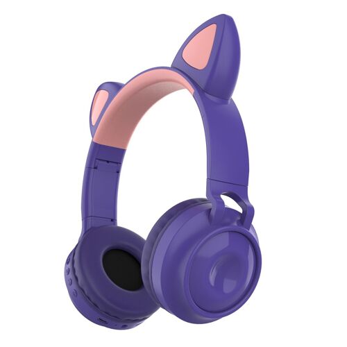 Casque d'écoute de chat Bluetooth sans fil pliable sur l'oreille casque de sport de musique stéréo avec micro, violet