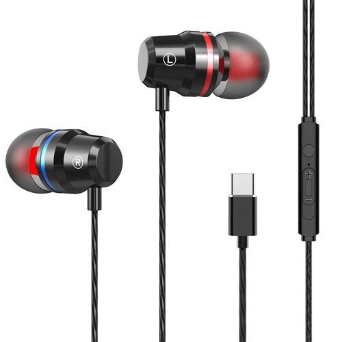 Type-c Métal Intra-auriculaire écouteurs Basses Lourdes Filaire Controle Casque Stéréo Musique HIFI Sport Casque avec Micro pour,Noir