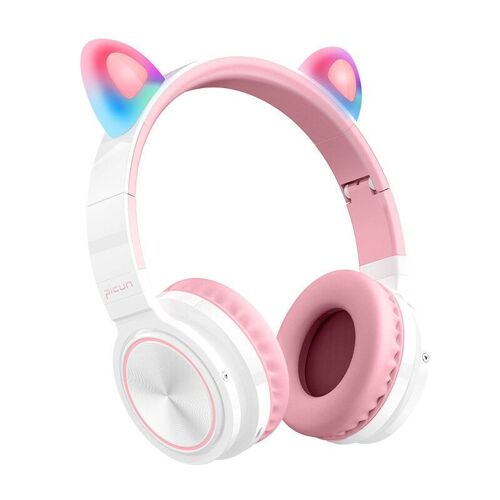 Lucky Cat Bluetooth Casque sans fil LED Lumière TF Carte Mignon Chat Oreille Filles écouteur HIFI Stéréo Basse Casque avec Micro, Blanc + Rose