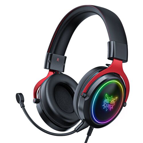 Casque de jeu filaire stéréo 50 mm avec réduction dynamique du bruit RVB lumineux 3,5 mm casque gamer avec micro amovible, noir et rouge