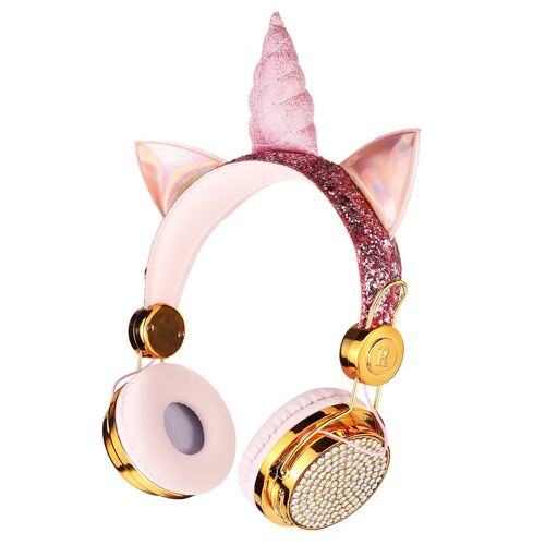 Cute Unicorn Bluetooth 5.0 Over-Ear Headphones Wireless Kids Cartoon Stereo Headset écouteur Microphone intégré,Or