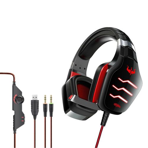 Casque de jeu filaire E-Sports avec microphone LED Casque stéréo entouré HiFi pour PC portable, noir et rouge