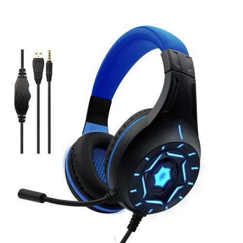 Casque de jeu Fil de 3,5 mm USB 7.1 Canal surround virtuel RVB avec micro sur l'oreille Casque filaire Microphone à réduction de bruit,Blue
