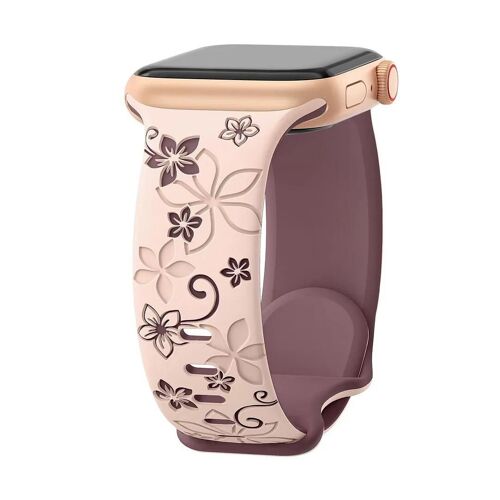 Bracelet Pour Apple Watch Series Ultra 2/3, 11, 10, 9 8 Se 7 6 5 4 3 2 1 46mm-45mm-44mm-42mm-49mm, Silicone Motif Fleur - Rose - E.F.Connection