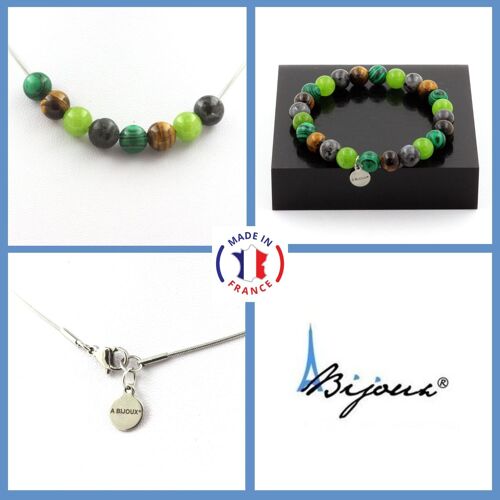 Parure Bijoux Bracelet Collier Perles Oeil De Tigre + Péridot + Taille Personnalisable.