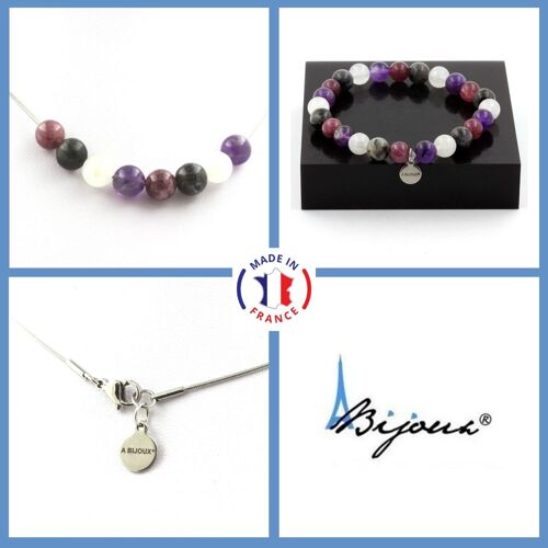 Parure Bijoux Bracelet Collier Perles Lépidolite + Labradorite + Taille Personnalisable.