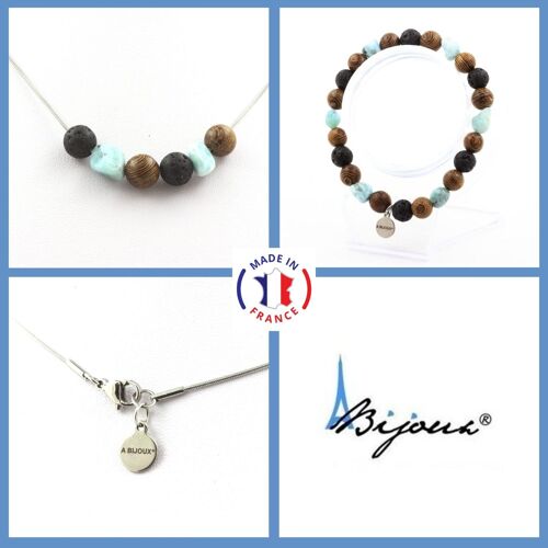 Parure Bijoux Bracelet Collier Perles Bois + Lave + Larimar De Taille Personnalisable.