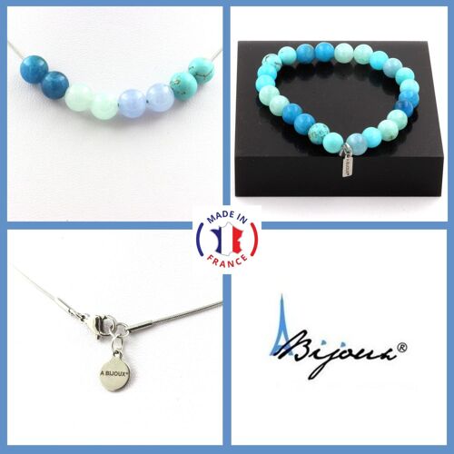 Parure Bijoux Bracelet Collier Perles Angélite + Aigue-Marine + Taille Personnalisable.