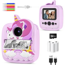 Appareil Photo Instantané Enfants, 1080P HD 48MP Appareil Photo Enfants avec 32GB Carte & Étui Protection en Silicone Unicorn, Cadeaux de Noël Cadeaux d'anniversairepour Garçon Filles 3-12 Ans