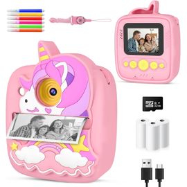 Appareil Photo Instantané Enfants, 1080P HD 48MP Appareil Photo Enfants avec 32GB Carte & Étui Protection en Silicone Unicorn, Cadeaux de Noël Cadeaux d'anniversairepour Garçon Filles 3-12 Ans