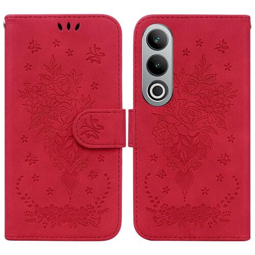 Étui Pour Oneplus Nord Ce4 5g Bicelle Fentes Pour Cartes Étui Portefeuille Fleurs Roses Emboss Flip Couverture En Cuir Pu - Rouge