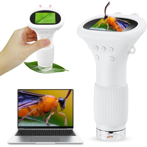 Kids Pocket Microscope, Microscope Portable 50X-200X avec écran IPS 2"" et 8 lumières LED pour la Photo et la vidéo, Cadeau Microscopepour Enfants 3+ - Blanc