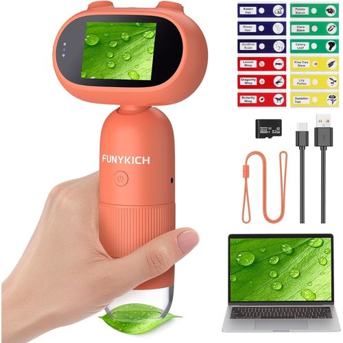 Microscope Numérique pour Enfants avec 32GB Carte Mémoire+12 Lames Offertes,Écran IPS 2.0 Pouces HD,500X-1000X Grossissement,8 LED Réglables, Appareil Photo/Vidéo 1080P,14 Langues, Orange