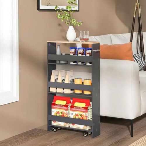 COSTWAY Desserte de Cuisine à 4 Niveaux, Chariot de Rangement Etroit de 20 cm à Roulettes, Etagères Ouvertes et Poignée, Gris