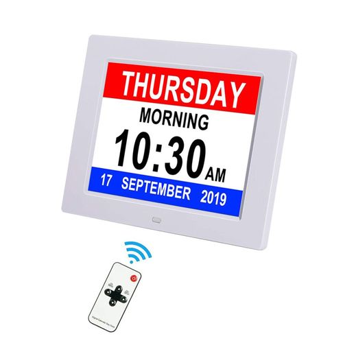 Réveil numérique électronique Réveil calendrier pour personnes âgées Réveil électronique Réveil numérique avec télécommande 8 pouces blanc