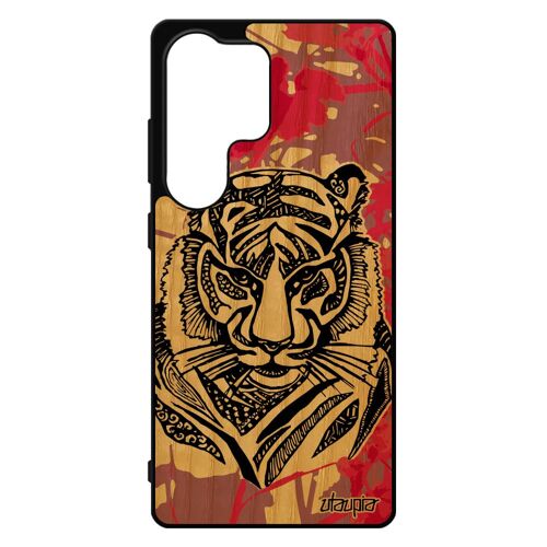 Coque S25 Ultra Bois Silicone Tigre Animal Noir Case Fille Azteque Fantaisie Rose Fauve Nature Ethnique Tribal Bengal Pour Samsung Galaxy