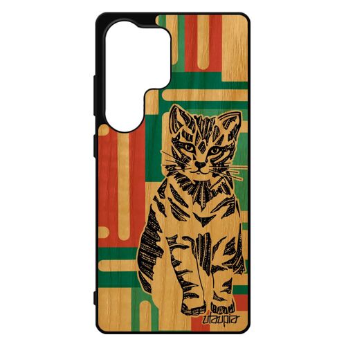 Coque Silicone Pour S25 Ultra En Bois Naturel Chat Homme Geometrique Petit Ethnique Dessin Portable Animaux Fantaisie Pour Samsung Galaxy