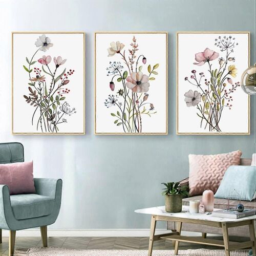 Lot de 3 affiches vintage, aquarelles, fleurs, plantes, sans cadre, toile murale, affiches d'art pour chambre à coucher, bureau, décoration murale, taille 50