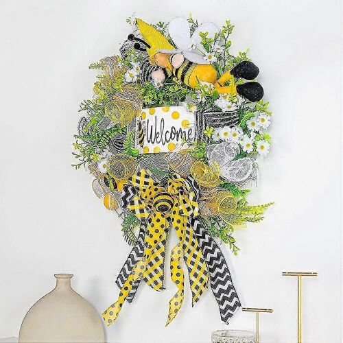 Couronne de tournesols et d'abeilles pour la journée des abeilles, avec inscription « Abeille à miel heureuse », décoration murale pour la maison, panneau de bienvenue pour la porte d'entrée, décoration suspendue