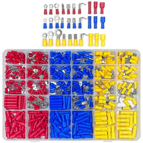 30 types bornes électriques à sertir, connecteurs à sertir avec prises isolantes, fourches à anneau plat bornes et kits avec boîte d'assortiment 480 pièces