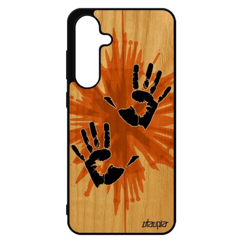 Coque Pour Samsung S24 Fe En Vrai Bois Silicone Main Empreinte 4g Deux Bumper Peinture Telephone Street Art Fantaisie Orange Pour Galaxy