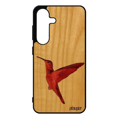 Coque Pour Samsung S25 Bois Veritable Silicone Colibri Rouge Oiseau Nature Animal Animaux Etui Plumes Peinture Ecologie Antichoc Pour Galaxy