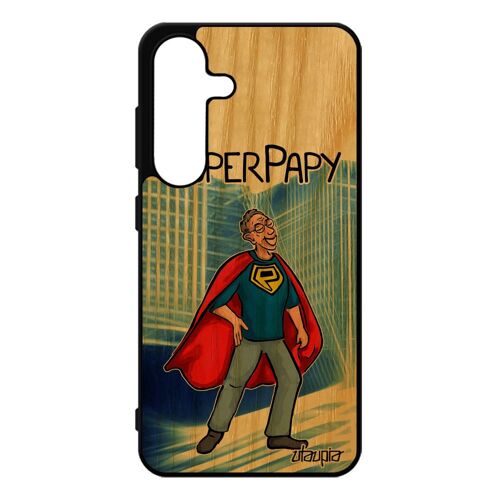 Coque Super Papy Pour S25 En Bois Veritable Silicone Bande Dessin¿E Heros Noir Smartphone Humour Bleu Made In France Pour Samsung Galaxy