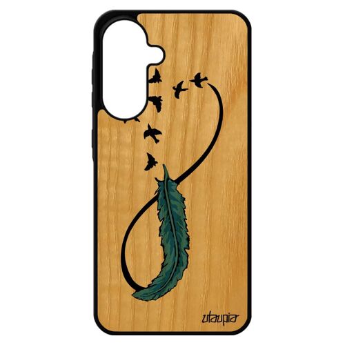 Coque En Bois Silicone Pour A56 5g Infini Pastel Antichoc Fille Fr¿Ne Case Tatouage Oiseau Plume Univers Ciel Eternel Pour Samsung Galaxy
