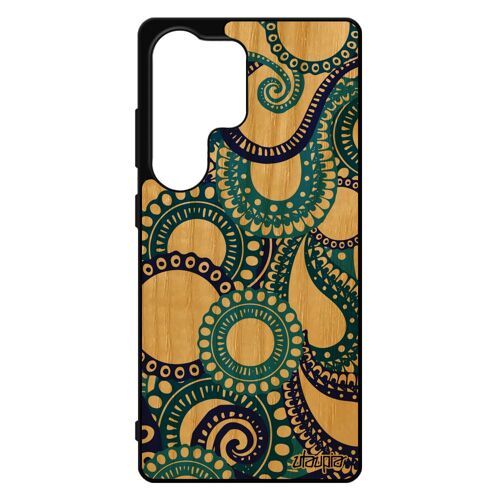 Coque Bois Silicone Motif Cachemire Pour Samsung S25 Ultra Fantaisie Ethnique Bleu Antichoc 4g Case Gel Dessin Color¿ Design Pour Galaxy