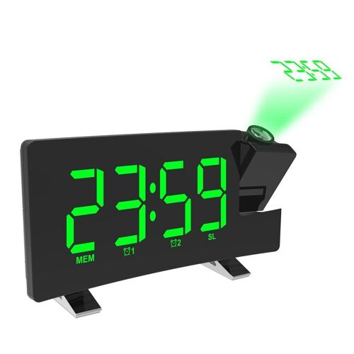 Radio Réveil à Projection Grand écran LED Horloge électronique Courbe Double Réveil,Vert