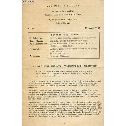 Les Dits D Edicope - Lettre D Information Destinée Aux Membres D Edicope N°14 - 15 Avril 1960 :