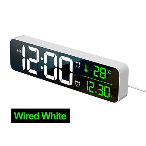 Réveil numérique LED montre filaire pour table de chambre à coucher horloge miroir numérique Snooze, blanc