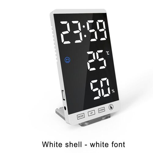Réveil numérique LED Réveil miroir Snooze avec port de charge USB, coque blanche - police blanche