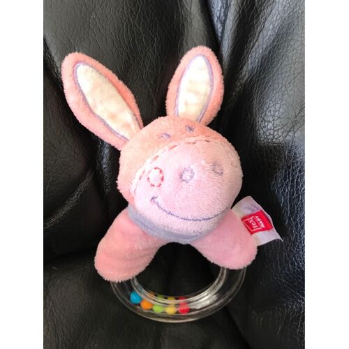 Doudou Peluche Hochet Âne Rose Et Bleu Anneau Billes Multicolore Tex Baby 16cm