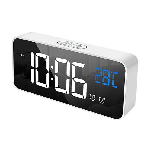 Controle Vocal Réveil Numérique Snooze Miroir Minuterie LED Affichage Décoration De La Maison Horloges,Blanc