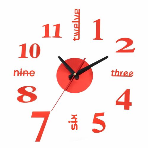50-60CM/100-120CM 3D Vintage DIY Silencieux Miroir Horloge Murale pour Home Art Decor, Rouge 50-60cm