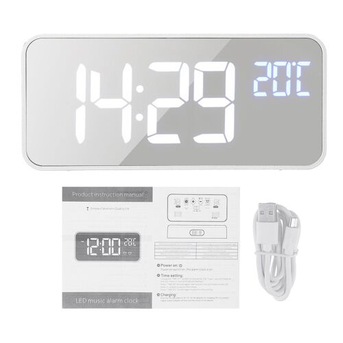 5V 1A Digital Mirror Music Horloge LED avec commande vocale Deux ensembles de commutateurs d'alarme, Argent