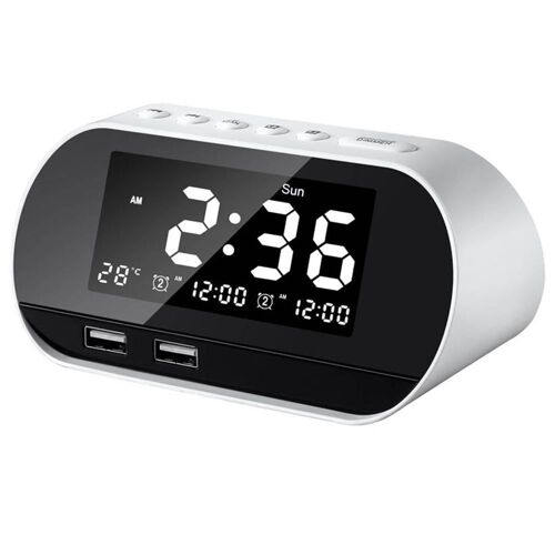 Double USB LCD Digital Snooze Sommeil Gradateur Réveil pour Chambres avec Radio Fm, Blanc