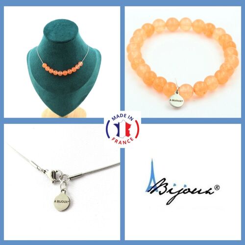 Parure Bijoux Bracelet Collier 10 Perles Calcédoine Orange 8 Mm. Taille Personnalisable.