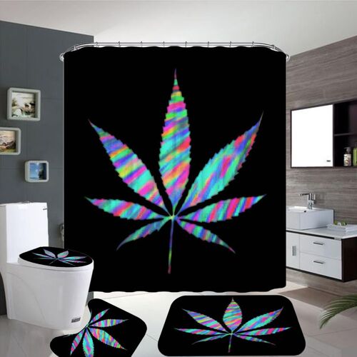 Plante Feuilles Imprimé Rideau Pour Salle De Bains Douche Anti-Dérapant Tapis De Bain Ensembles Couverture De Toilette Cuisine Tapis-4 Pièces Ensemble,Ensemble