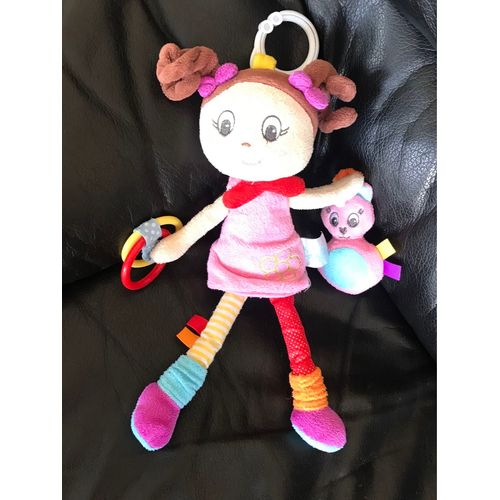Doudou Poupée Fille Rose Rouge Jaune Orange Anneau Chat Baby Nat 30cm