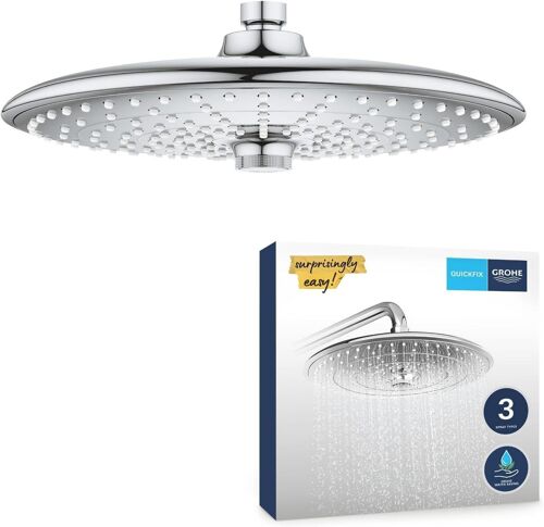 SUBZONAL-GROHE Douche de tête Vitalio Joy 260, 3 jets, raccords filetés 1/2"", douche ronde 260mm, douche de tête pivotable, installation et nettoyage rapide, économie d'eau, chromé, 26462000 (Import