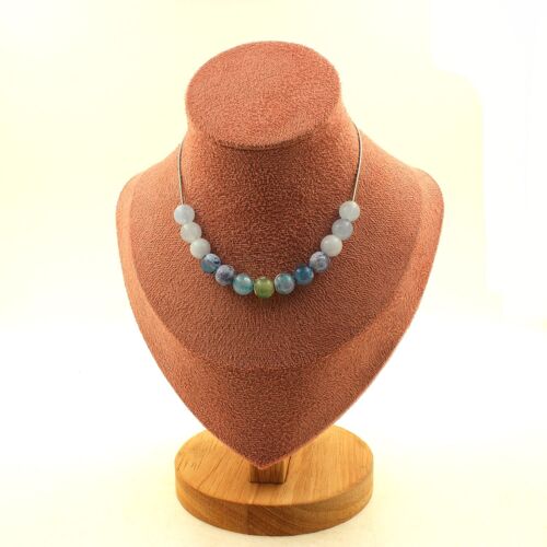 Collier 13 Perles Calcédoine Bleu + Agate Craquelé Fuchsia Multicolore Taille Personnalisable.