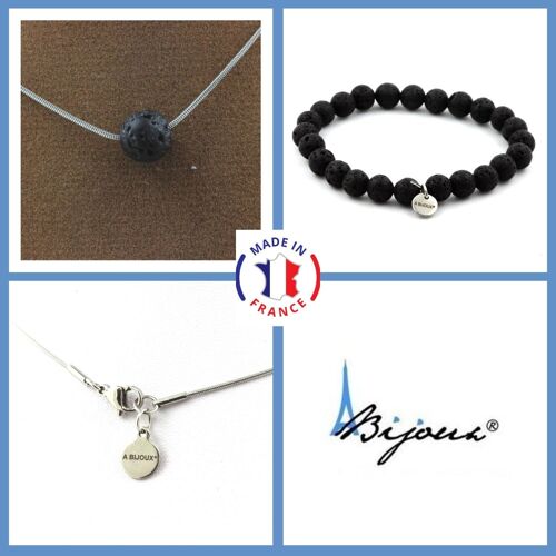 Parure Bijoux Bracelet Collier 1 Perle Lave 8 Mm. Chaine En Acier Taille Personnalisable.
