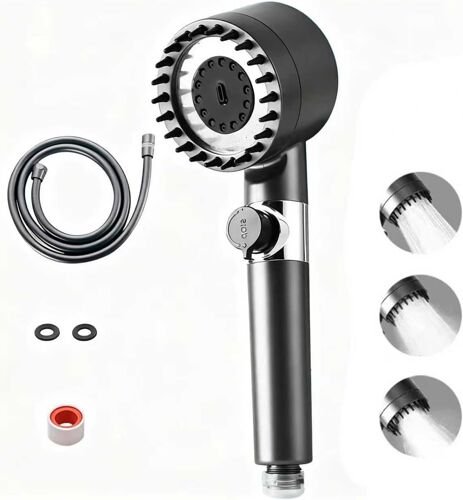 JGD-Pommeau de Douche Haute Pression Économique, Flexible PVC 1.5m, 4 Jets Réglables + Filtre Anti-Calcaire, Bouton Stop, Support Murale - Chrome