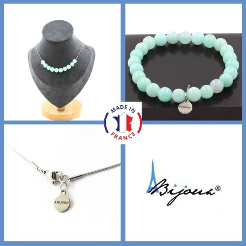Parure Bijoux Bracelet Collier 10 Perles Amazonite 8 Mm. Chaine En Taille Personnalisable.
