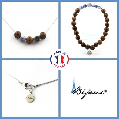 Parure Bijoux Bracelet Collier Perles Bois 8 Mm + Jaspe Bleu D'afrique Taille Personnalisable.