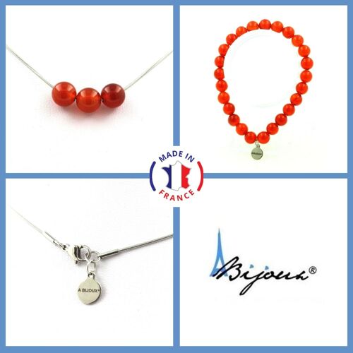Parure Bijoux Bracelet Collier 3 Perles Cornaline D'uruguay 8 Mm. Taille Personnalisable.