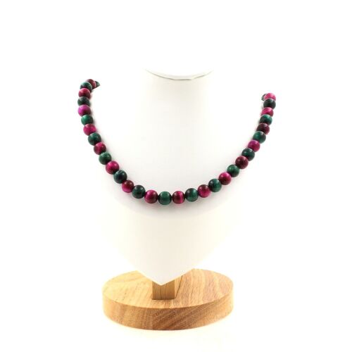 Collier Perles Oeil De Tigre Vert + Oeil De Tigre Fuchsia 8 Mm Chaine Collier Femmes, Hommes. Taille Personnalisable.